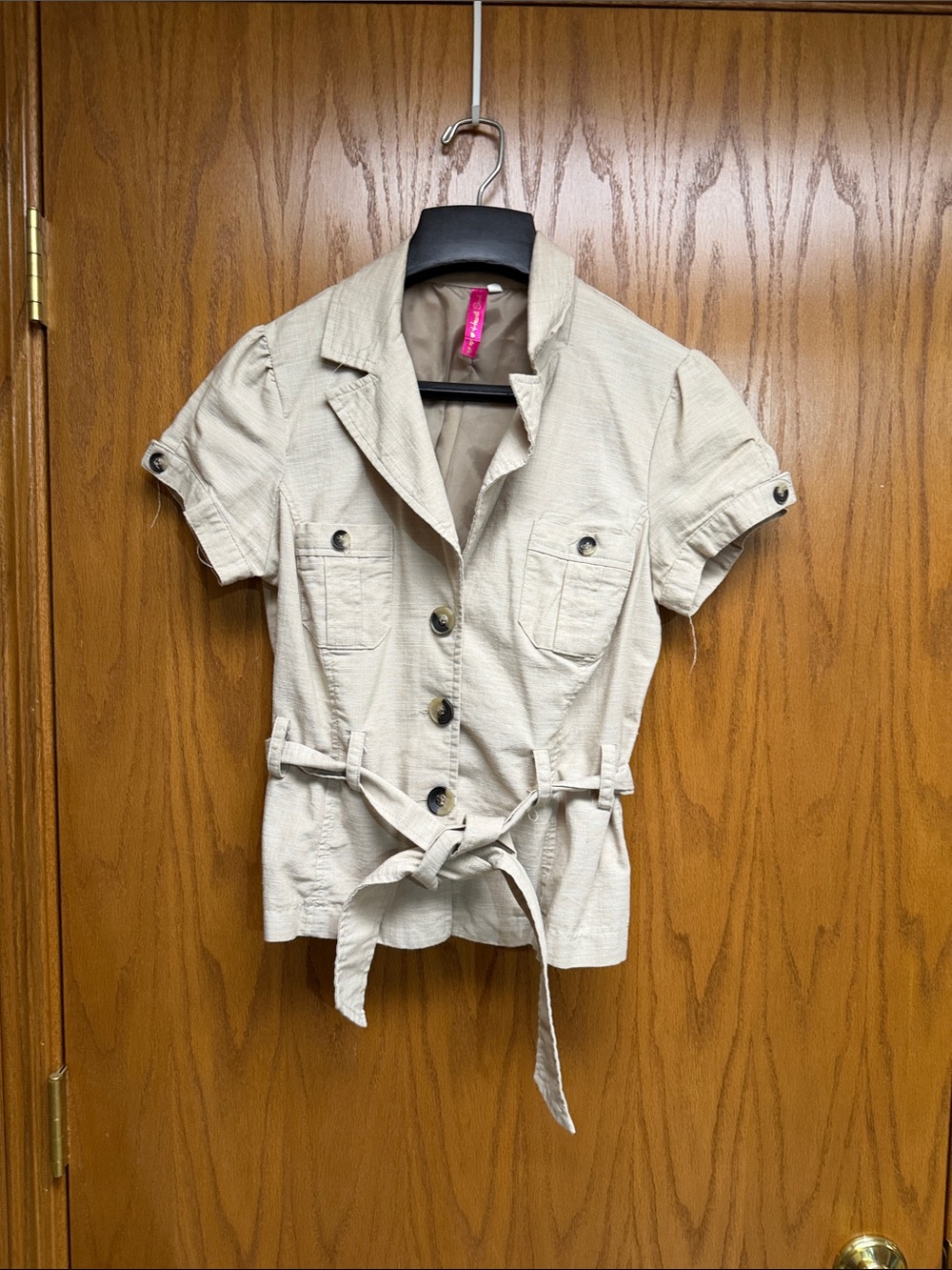 HeartSoul Short-Sleeve Tie-Waist Utility Jacket in Light Beige